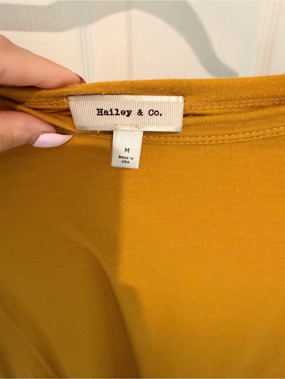 Mustard Raglan Long-Sleeve Tee with Navy Stripe Sleeves and Brown Elbow Patches - Picture 4 of 4